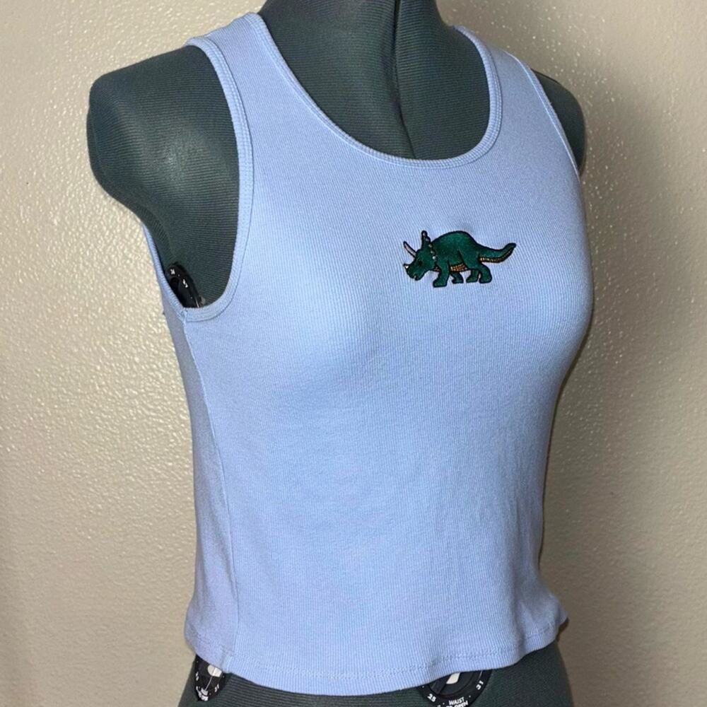 Ribbed Crop Tank Top Women's size Large Blue with dinosaur patch fitted